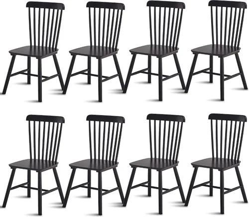 Miniatura 13 de Juego de 8 sillas de comedor estilo granja, sillas Windsor de madera de goma maciza con respaldo de husillo, muebles modernos de mediados de siglo
