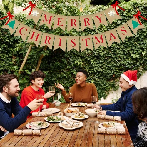 Miniatura 7 de PACETAP Cartel de arpillera de Feliz Navidad con 4 lazos rojos, decoración navideña para el hogar para interiores, chimenea, pared, árbol