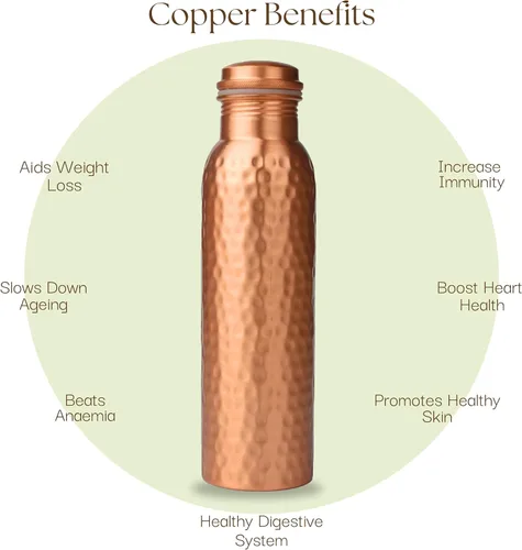 Miniatura 3 de RAJRANG Botella de agua de cobre puro martillado puro – 1 litro botella ayurvédica a prueba de fugas para hidratación, bienestar