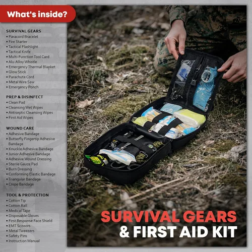 Miniatura 2 de Kit de primeros auxilios y supervivencia de 242 piezas, bolsa Molle IFAK, nailon 1000D, compartimentos codificados por colores, kit médico