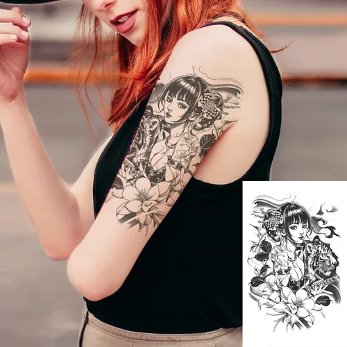 Miniatura 2 de 6 hojas de brazo falso impermeable cuerpo arte temporal tatuajes pegatinas negro japonés geisha samurai mujeres flor loto TBS-04