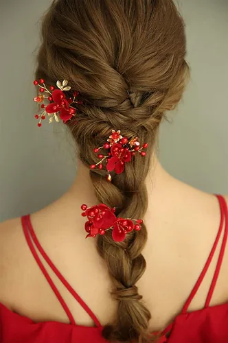 Miniatura 4 de Accesorio para el pelo de novia, peine de flores rojas con diamantes de imitación y perlas para mujeres, novia, graduación, fiesta, noche
