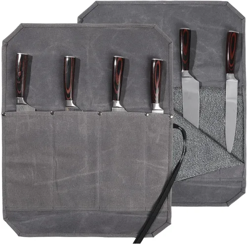 Miniatura 8 de Denifiter Bolsa enrollable para cuchillos de chef, duradera funda para cuchillos de lona encerada de 16 onzas con 4 ranuras, bolsa profesional