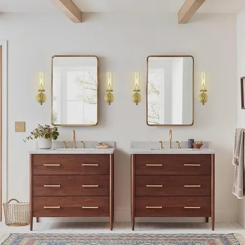 Miniatura 4 de Apliques de pared de latón moleteado para interiores, apliques de tubo de vidrio de 14 pulgadas, apliques de pared dorados para tocador de baño