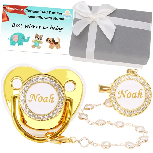 Miniatura 12 de Chupete personalizado con nombre, juego de clip para chupete dorado brillante con caja de regalo, tarjeta de felicitación, lujoso chupete de cristal