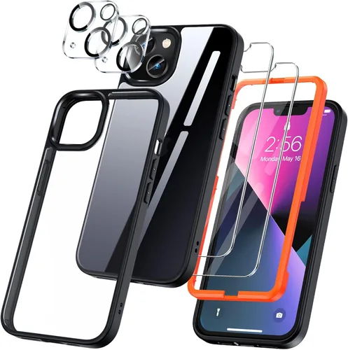 UniqueMe [Diseño 5 en 1 para iPhone 13 Mini ase, paquete de 2 protectores de pantalla de vidrio templado + 2 protectores de lente de cámara, [no se