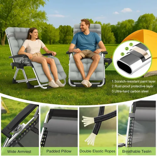 Miniatura 6 de Suteck Silla de Gravedad Cero, Silla de Camping Reclinable con Cojín Removible, Bloqueo Mejorado y Portavasos, Sillas Reclinables de Patio Plegables