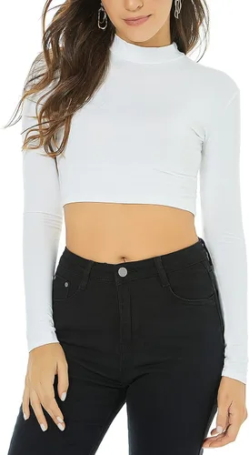Miniatura 5 de LONGBIDA Camiseta corta de manga larga con cuello alto falso para mujer, suave, delgada, sexy, elástica
