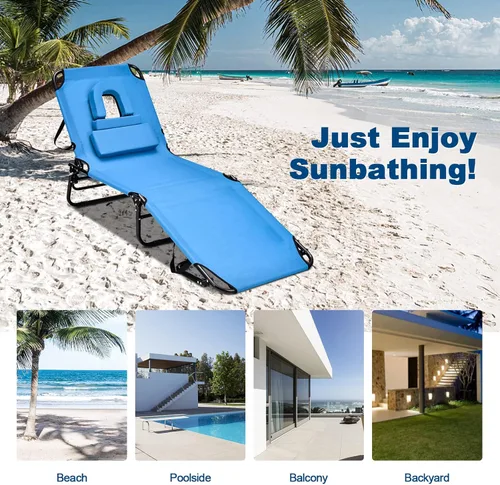 Miniatura 5 de Goplus Silla de bronceado, silla de playa plegable con agujero facial, almohada extraíble, correa de transporte, posición ajustable, silla