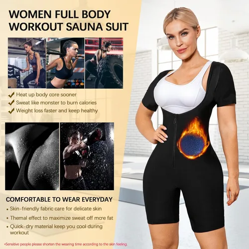 Miniatura 5 de Traje de sauna para mujer, entrenamiento de cintura de cuerpo completo, traje de sudor de manga corta con pantalones cortos moldeador de cuerpo