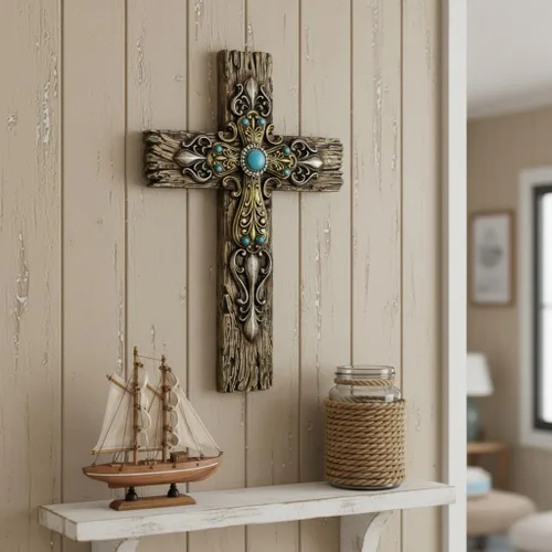 Miniatura 5 de Comfy Hour Cruz de pared de madera sintética rústica de 12 pulgadas con detalles turquesa, placa religiosa victoriana ornamentada, decoración