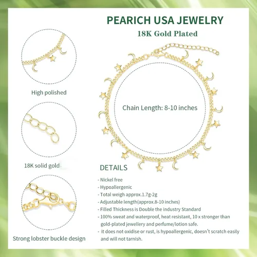 Miniatura 2 de Tobillera de oro para mujer, chapada en oro de 18 quilates, cadena de la suerte con estrella de la suerte para mujer, tobillera impermeable