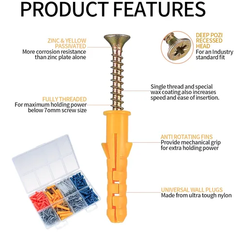 Miniatura 3 de Juego de 360 tapones y tornillos de pared, kit surtido de tornillos y clavos para paneles de yeso, tornillos autorroscantes de cabeza plana, tapones