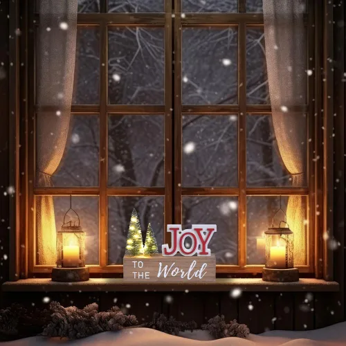 Miniatura 7 de Decoración de Navidad para el Hogar, JOY para El Mundo Letrero de Mesa de Navidad de Madera con Árboles LED, Estante Rústico, Chimenea, Decoración