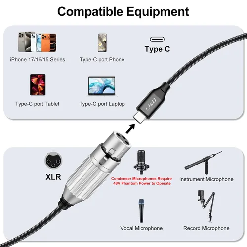 Miniatura 4 de J&D Cable de audio de micrófono USB C a XLR, cable trenzado USB C a XLR hembra para grabación de audio, micrófono dinámico, compatible con iPhone