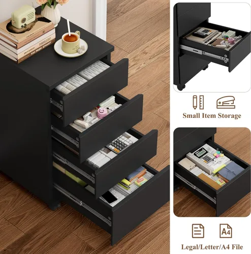 Miniatura 4 de BOTLOG Cajonera de 4 cajones, cajón móvil debajo del escritorio con ruedas con bloqueo, soporte de madera para impresora con ruedas, gabinete