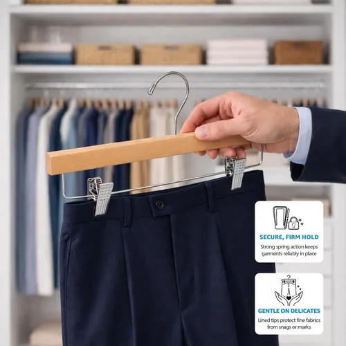 Miniatura 8 de ZOBER Perchas de madera para pantalones con clips, paquete de 10 perchas de madera de loto maciza de alta calidad para mujer, colgador de madera