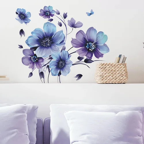 Miniatura 2 de Adhesivos de pared de flores de margaritas de tinta azul-morado, diseño floral de mariposa de sacinora calcomanías de pared removibles de vinilo