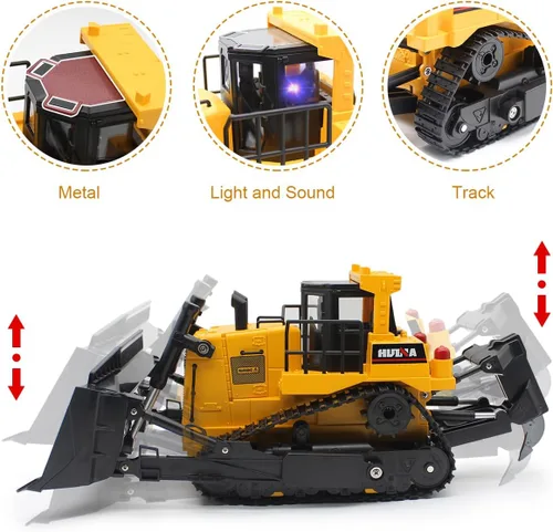 Miniatura 3 de Fisca Bulldozer de Control Remoto RC 1/16 Vehículo de Construcción Completamente Funcional, Cargador Frontal Dozer de 2.4Ghz 11 Canales con Luz