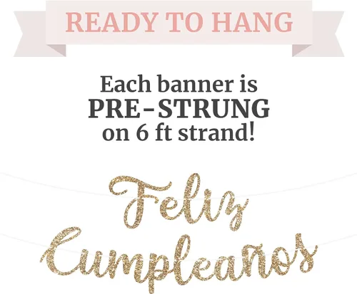 Miniatura 3 de Cartel de Feliz Cumpleaños pre-encordado – No DIY – Cartel español de fiesta de feliz cumpleaños con purpurina dorada – Guirnalda de guión
