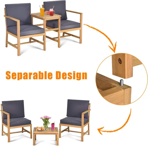 Miniatura 5 de Tangkula Sofá biplaza de madera de acacia 3 en 1 con mesa auxiliar separable, juego de sillas de madera de 3 piezas con cojines, juego de muebles