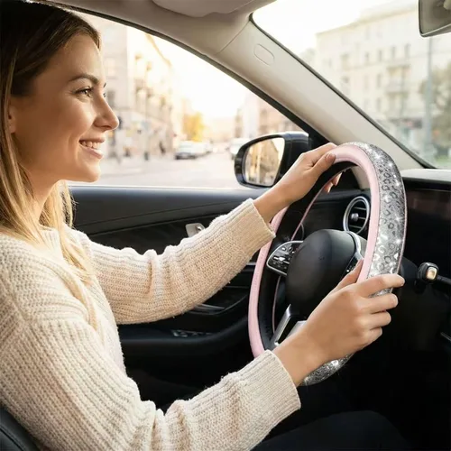 Miniatura 3 de Funda de volante rosa con diamantes de imitación, protector antideslizante de cuero con purpurina para volante de automóvil, ajuste universal