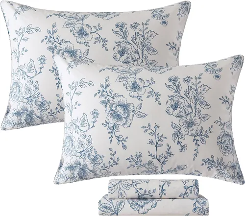 FADFAY Juego de sábanas de 100% algodón, diseño floral azul, estilo cabaña francesa, Cottagecore, 4 piezas, ropa de cama de lujo, suave,
