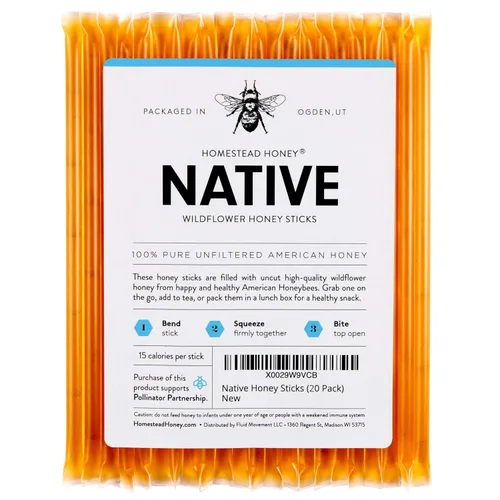 Homestead Honey Paquete de 20 palitos de miel, paquetes de miel dulce pura de flores silvestres para té y aperitivos, pajitas edulcorantes naturales