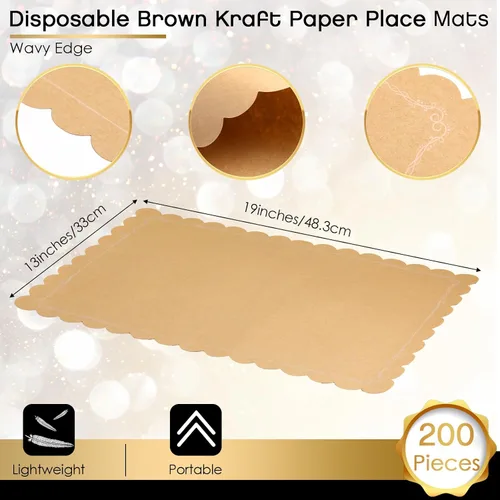 Miniatura 2 de 100 manteles individuales desechables de papel kraft marrón, rectangular, rústico, estampado, festoneado, marrón, para bodas, aniversarios, fiestas