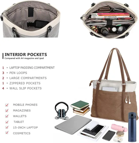 Miniatura 4 de Laptop Tote Bag for Women, 15.6 Inch Work Bag with Laptop Compartment and Zipper, Canvas Computer Tote for Teacher Marrón