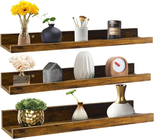 Miniatura 23 de Giftgarden Estantes flotantes de 16 pulgadas montados en la pared, estante de madera de grano de madera beige blanco cremoso para baño, dormitorio