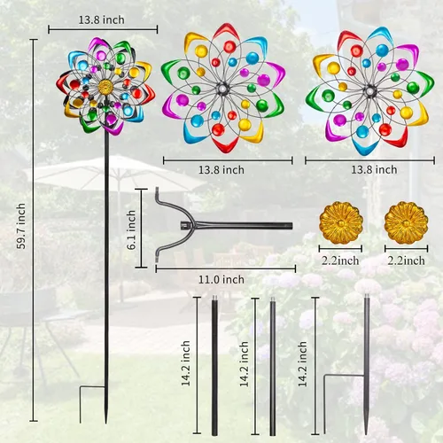 Miniatura 6 de Viveta Kinetic - Molino de viento metálico de 59 pulgadas para jardín, escultura de viento doble con estaca estable, multicolor D-multicolor-1