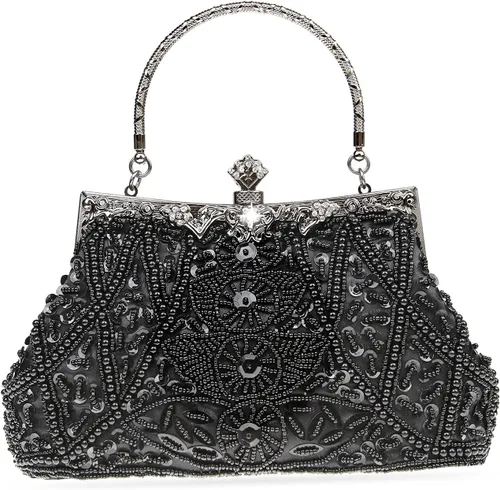 Miniatura 17 de Bolso de mano de estilo vintage con cuentas florales y strass para mujer, con bordado de lentejuelas, bandolera para novia, boda, fiesta
