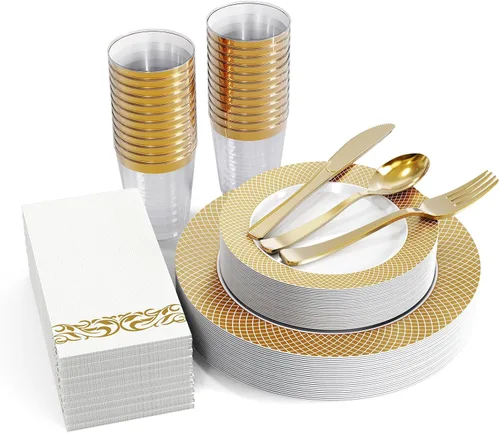 FOCUSLINE Juego de vajilla de oro de 175 piezas para 25 invitados - Platos desechables de plástico con rejilla dorada, incluye 25 platos para cena y