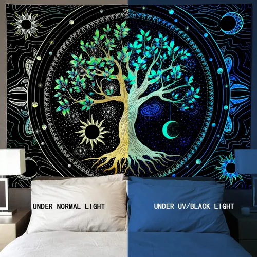 Miniatura 6 de Tapiz para dormitorio, estético, árbol de la vida, con luz negra, reactivo a los rayos UV, tapiz psicodélico, colorido tapiz de pared, sol, luna
