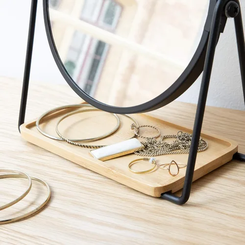 Miniatura 8 de Navaris Espejo de tocador con bandeja, espejo de maquillaje de doble cara con aumento 1x/2x y base de bambú, para baño, dormitorio, escritorio