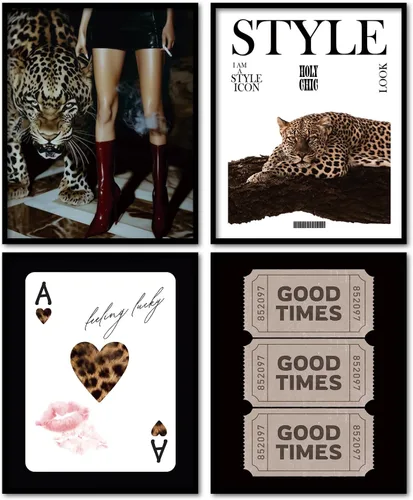 Miniatura 8 de KDHTY Juego de 4 Impresiones Artísticas de Pared Retro Rojas de Moda, Pósters de Arte de Pared Funky Retro Y2K Leopardo Caja de Cerillas Estrella