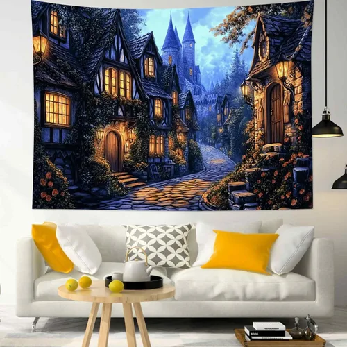 Miniatura 27 de LB Tapiz de cielo nocturno, luna llena en el mar, tapiz para colgar en la pared, tapiz de nube blanca de fantasía, tapiz de acuarela, arte de pared
