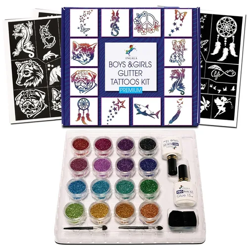 Kit de tatuaje temporal con purpurina prémium para niños y niñas, 74 plantillas, 16 colores y 2 pegamento corporal de 0.5 onzas líquidas para