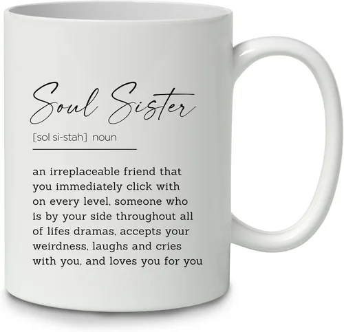 DOTAIN Taza de café de 11 oz con frase "Sweet Quote Soul Sister", impresión de doble cara, linda hermana del alma, regalo para mejor amiga