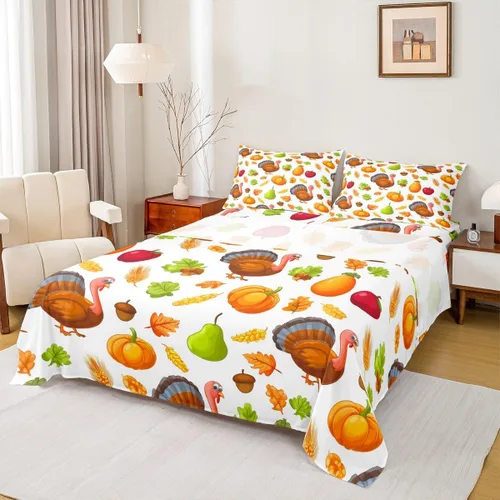 Miniatura 8 de Erosebridal Lindo juego de sábanas de pavo tamaño individual para niños y niñas, juego de sábanas de cosecha de Acción de Gracias, decoración