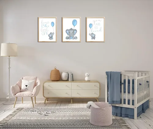 Miniatura 6 de Juego de 3 impresiones artísticas de acuarela para bebé, niño, elefante, guardería, sin marco, en azul y gris, Dream Big Little One, You Are So Loved