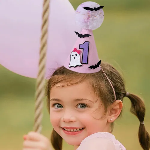 Miniatura 3 de Sombrero de fantasma rosa de Halloween para primer cumpleaños con murciélagos, corona espeluznante de un cumpleaños, bonita decoración de Halloween