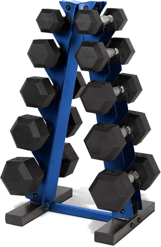 Miniatura 35 de CAP Barbell Juego de mancuernas hexagonales recubiertas de 150 libras con estante vertical Múltiples opciones Estante azul