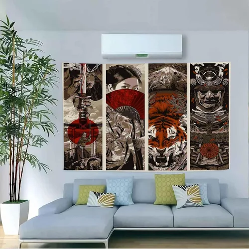 Aidatain Tapiz de pared Samurai Maiko de estilo japonés para dormitorio, diseño de tigre y monte Fuji, manta de playa de franela de 40 x 30 pulgadas
