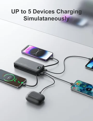 Miniatura 7 de aonidi Cargador ultraportátil de 20000 mAh PD20W con cables integrados y enchufe de pared de CA, cargador de teléfono celular de carga rápida, Negro