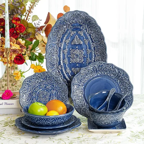 Miniatura 7 de Sungmor Vajilla de cerámica para cenas finas en relieve, estilo barroco antiguo, cuencos de porcelana con forma de flor de 15,2 cm (591 ml) de 6 4