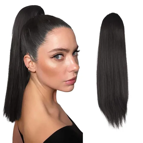 Miniatura 13 de FESHFEN Extensiones de cola de caballo rectas, colas de caballo largas con cordón, cola de caballo sintética con clip para mujer, color negro