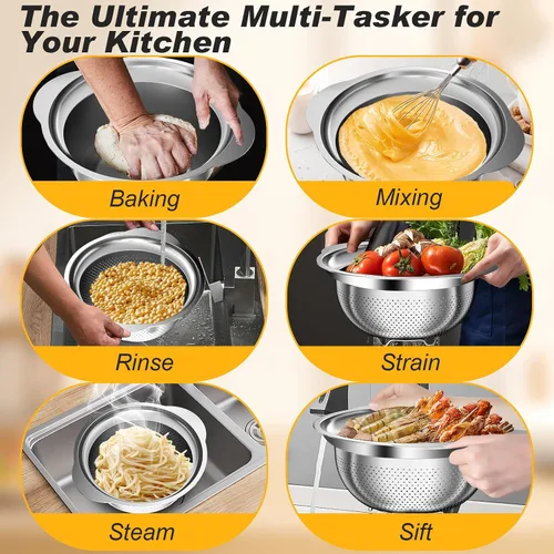 Miniatura 5 de Colador, colador de acero inoxidable con cuencos para mezclar (3.5 cuartos de galón), 3 coladores para utensilios de cocina, cesta de colador