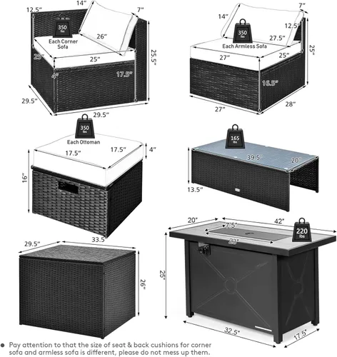 Miniatura 4 de Tangkula Sofá modular de mimbre para exteriores de 9 piezas con mesa de fogata de gas de 42 pulgadas y 60,000 BTU, juego de conversación de patio